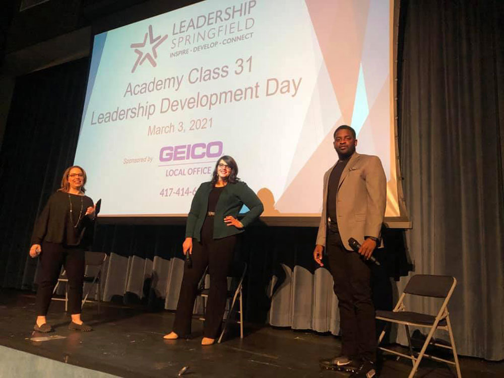 #LEADSGF
Mar’Ellen Felin of Springfield Business  Journal, from left, Brandy Harris of Boys & Girls Clubs and Zach Troutman of Follow The Leader prepare to speak March 3 to Leadership Springfield participants. The discussion marked the final #LeadSGF Academy Class 31 program day. The class featured a hybrid model. The trio spoke on leadership development at the downtown Fox Theatre.